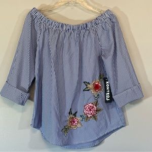 Kontrol NWT Contemporary Blue White Stripe‎ Embroidered Off Shoulder Top Size L